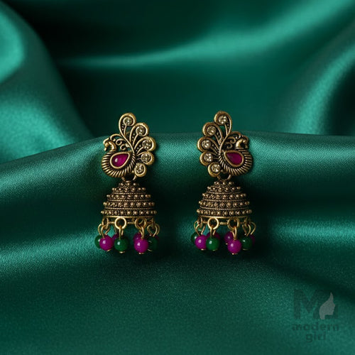 Antique Peacock Feather Top Jhumka with Pink & Green Beads