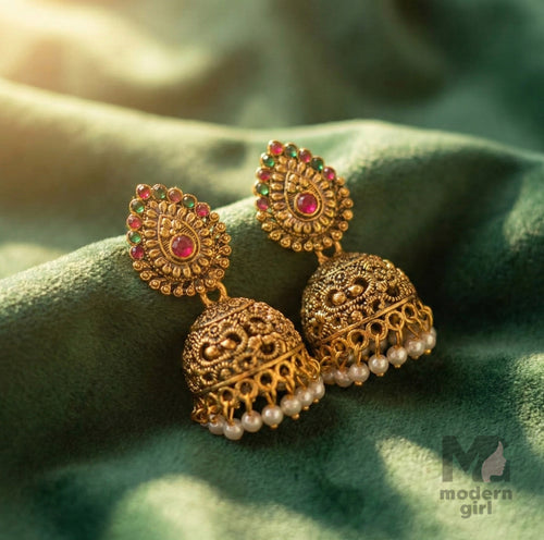 Traditional Temple Antique Jhumka with Pearls