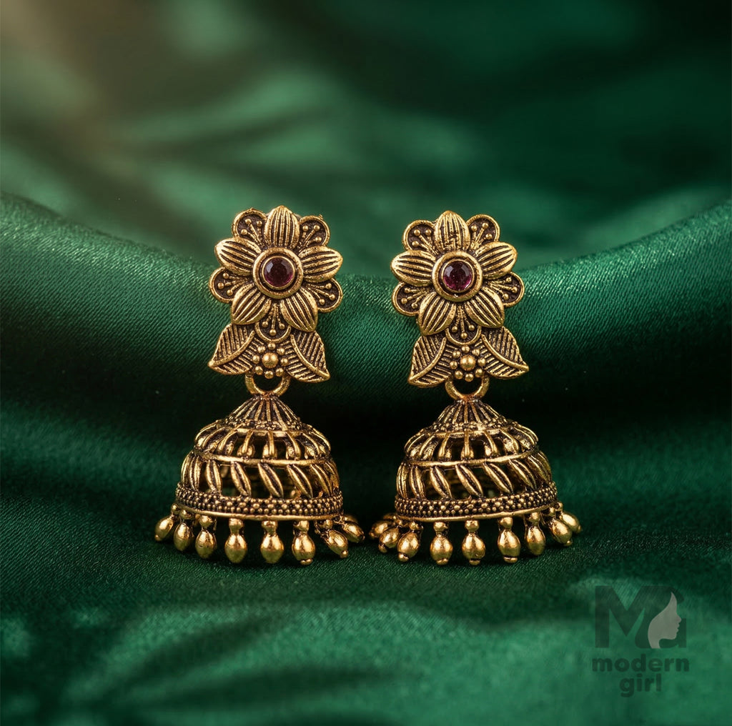 Traditional Gold Jhumka Earrings with Floral Design