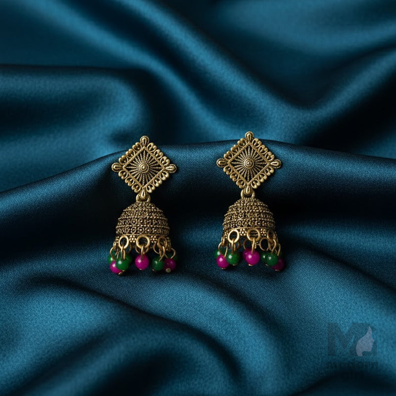 Antique Gold Square Top Jhumka with Pink & Green Beads