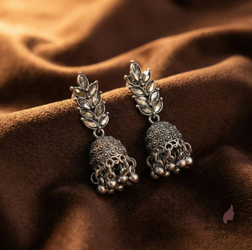Oxidised Silver Leaf Jhumka Earrings for Women