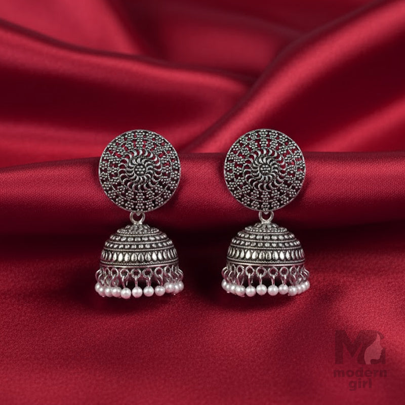 German Silver Sun Motif Jhumka Earrings with Pearl Drops