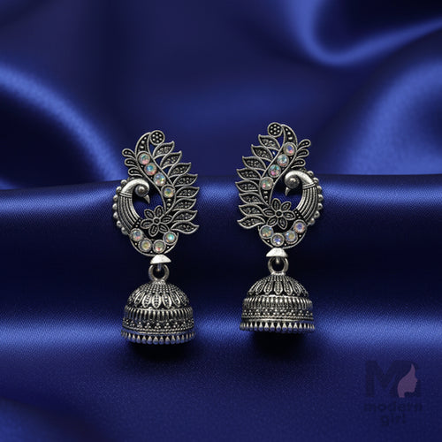 Peacock Stone Oxidised Jhumka Earrings