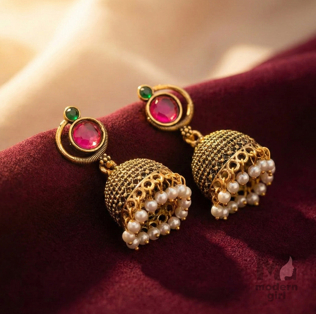 Traditional Gold Jhumka Earrings with Ruby & Green Stone