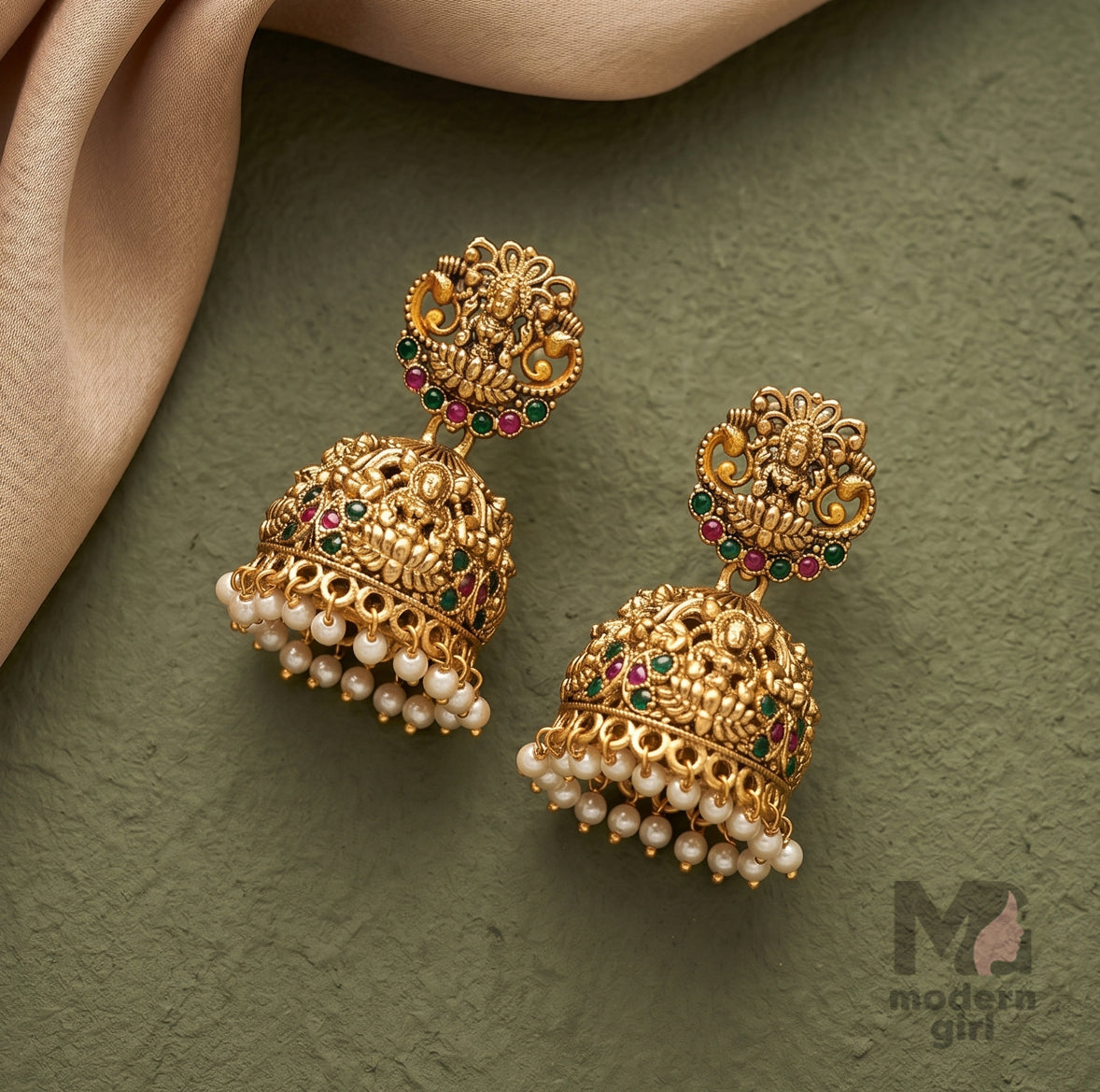 Temple Pearl Jhumka Earrings – Antique Gold Lakshmi Ethnic Design