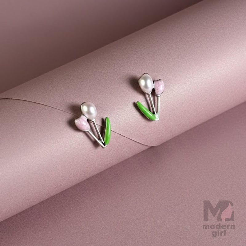 Tulip Pearl Enamel Stud Earrings