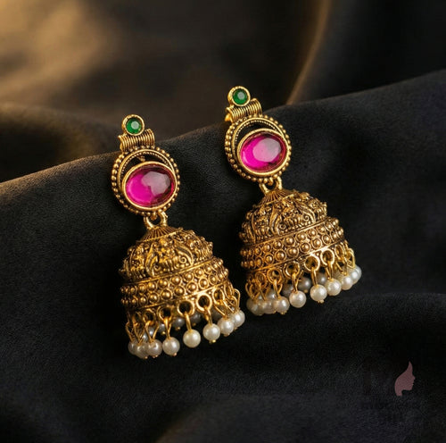 Royal Antique Gold Temple Jhumka Earrings with Ruby Stone & Pearl Drops