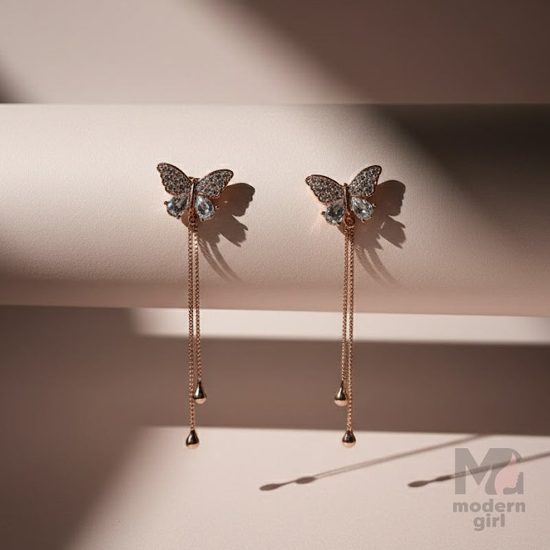 Rose Gold Butterfly Dangle Earrings with Crystals