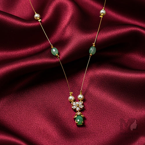 Invisible Chain Necklace with Green Pendant & Pearls