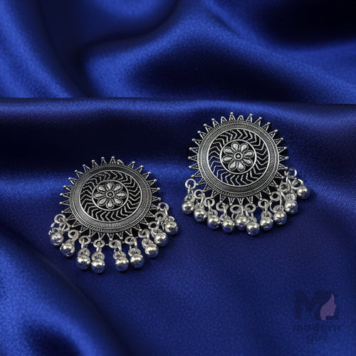 Oxidised Round Floral Earrings with Hanging Beads