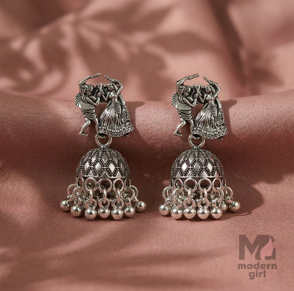 Traditional Dancing Couple Oxidised Jhumka Earrings