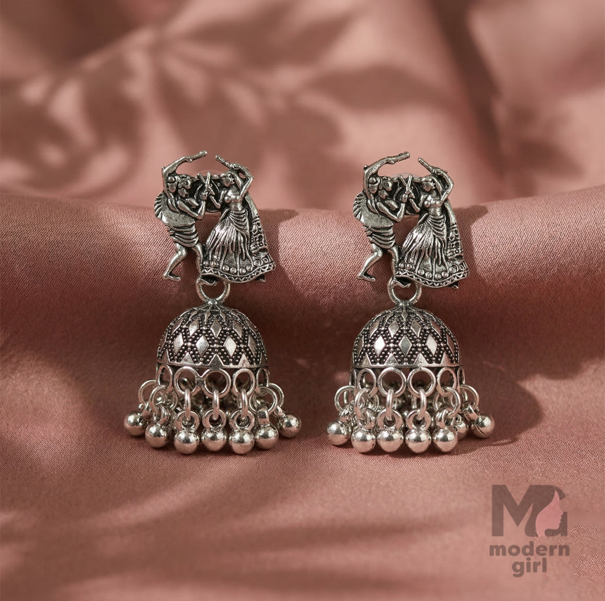 Traditional Dancing Couple Oxidised Jhumka Earrings