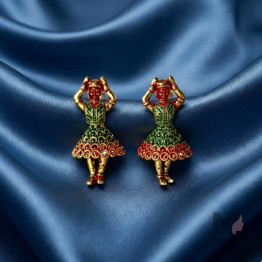 Traditional Dancer Jhumka – Antique Gold Finish Doll Design with Red & Green Enamel