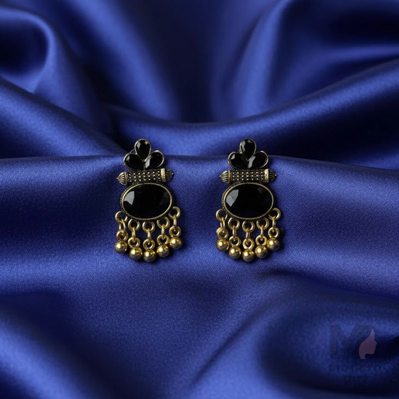 Black Stone Bead Dangler Antique Gold Earrings