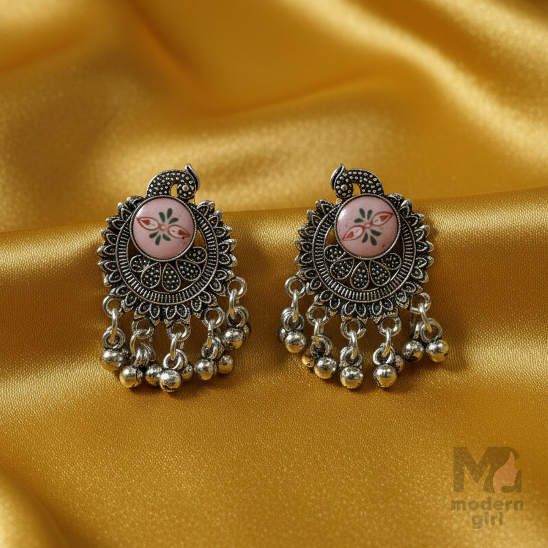 Oxidised Pink Floral Earrings