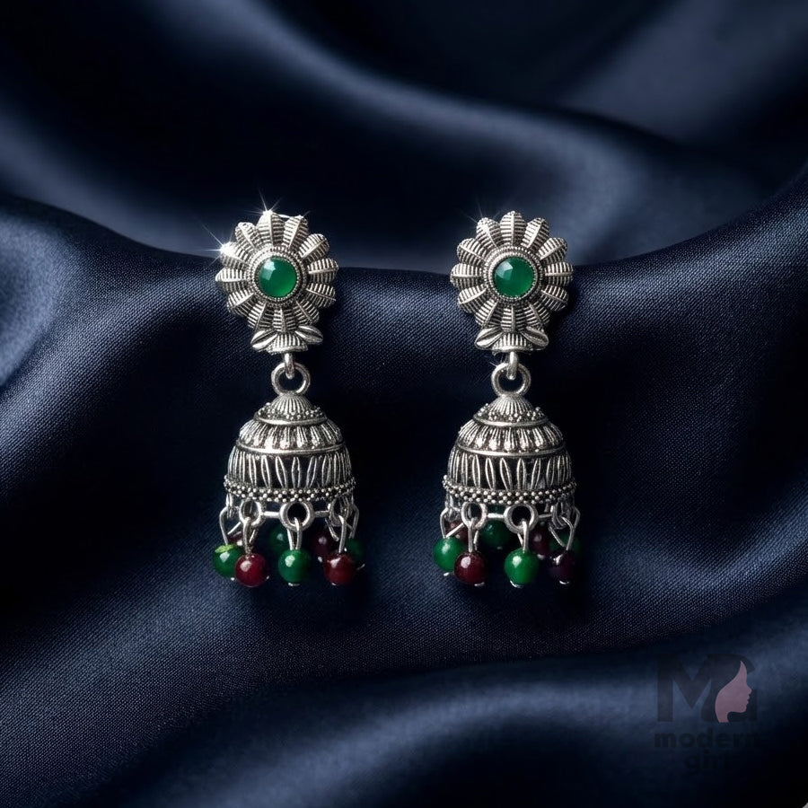 Floral Stud Oxidised Silver Jhumka Earrings