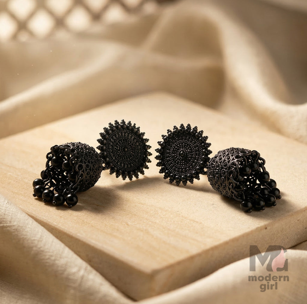 Matte Black Oxidised Jhumka Earrings for Women