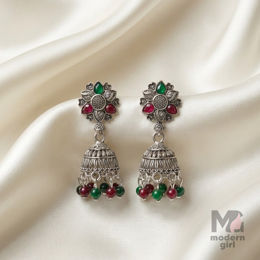 Oxidized Silver Floral Jhumka Earrings with Ruby & Emerald Beads