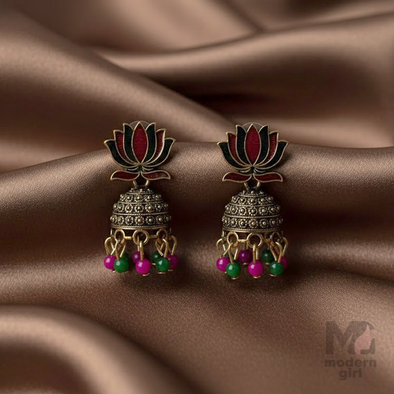 Antique Lotus Top Jhumka with Pink & Green Beads
