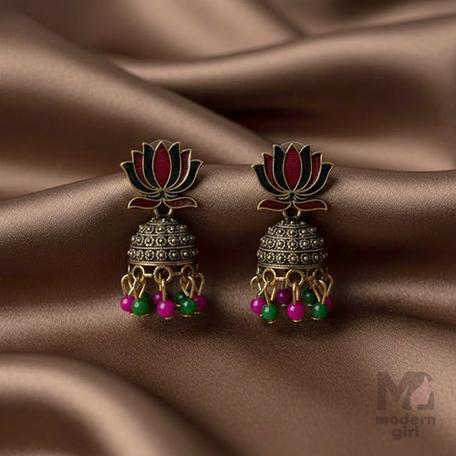 Antique Lotus Top Jhumka with Pink & Green Beads