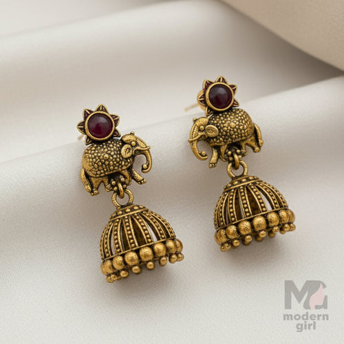 Antique Gold Elephant Motif Jhumka Earrings with Stone
