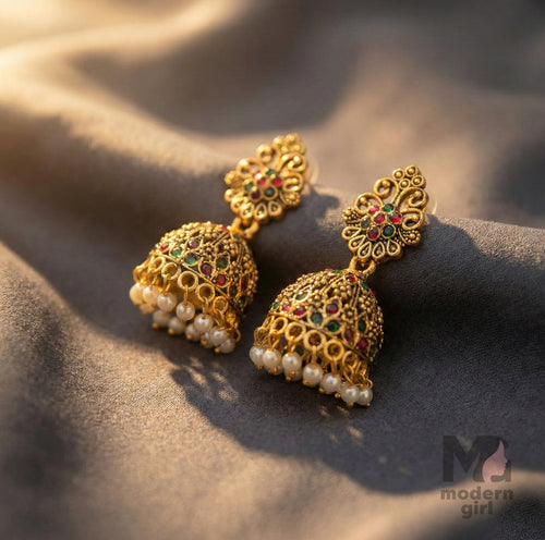 Antique Gold Multi-Stone Temple Jhumka Earrings with Pearl Drops