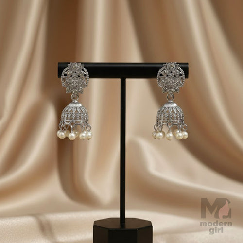 Silver-Plated Pearl Drop Jhumka Earrings with Stone Floral Stud