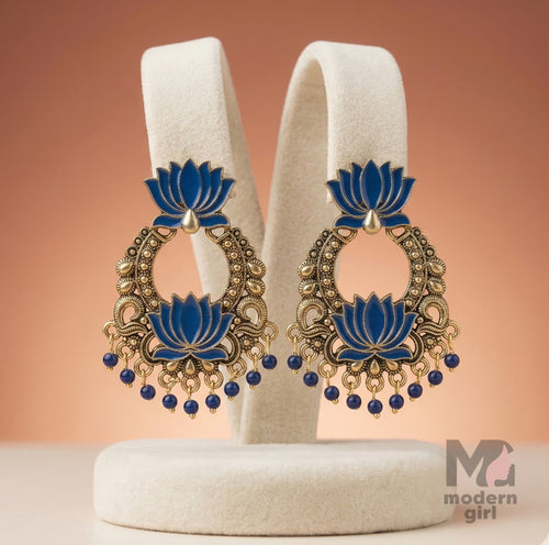 Lotus Design Antique Gold Plated Statement Earrings for Women