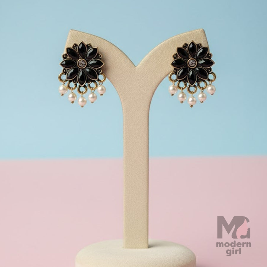 Black Floral Pearl Drop Stud Earrings