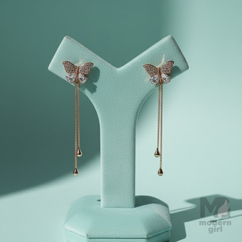 Rose Gold Butterfly Dangle Earrings with Crystals