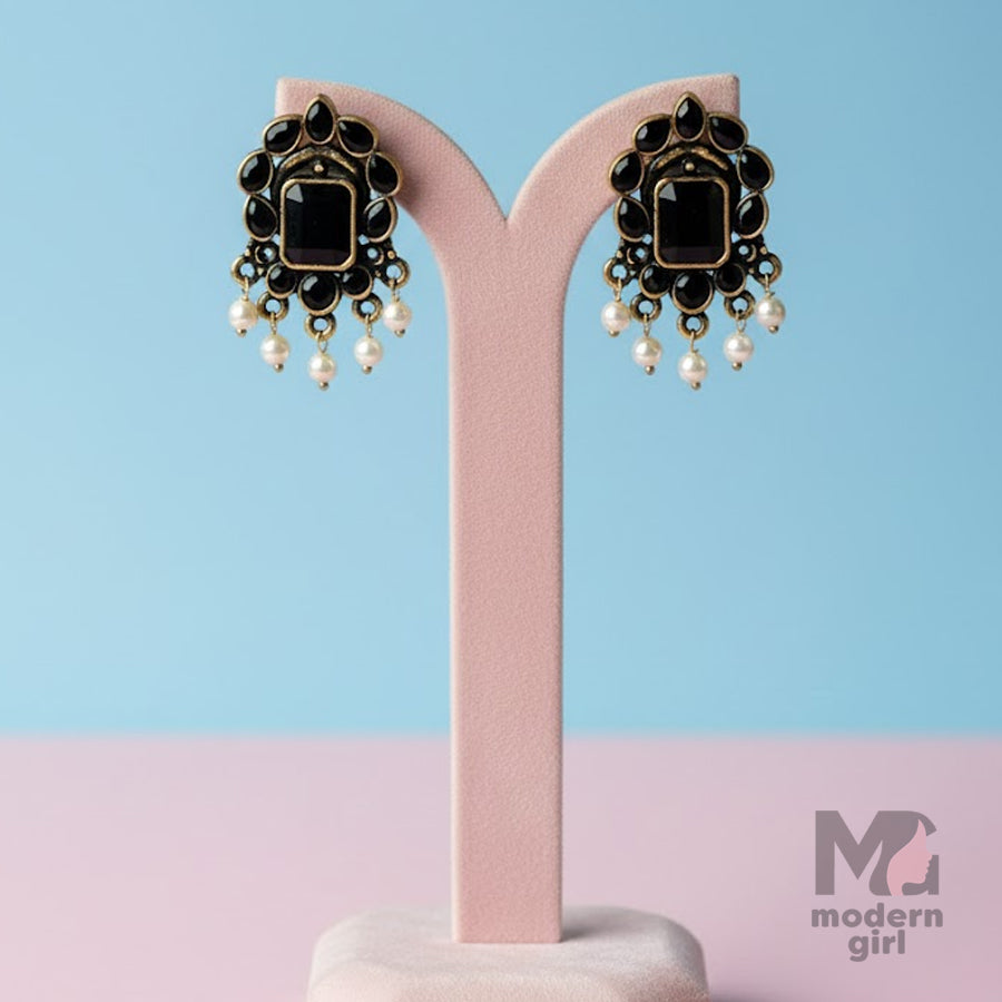 Black Stone Pearl Drop Stud Earrings – German Silver (Antique Finish)