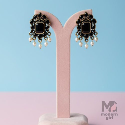 Black Stone Pearl Drop Stud Earrings – German Silver (Antique Finish)