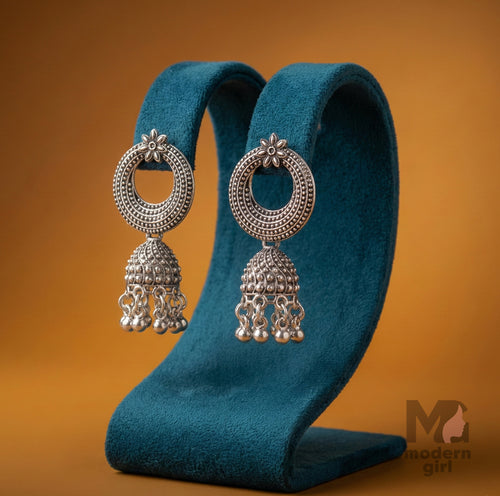 Oxidised Silver Circular Jhumka Earrings with Floral Design & Dangling Beads