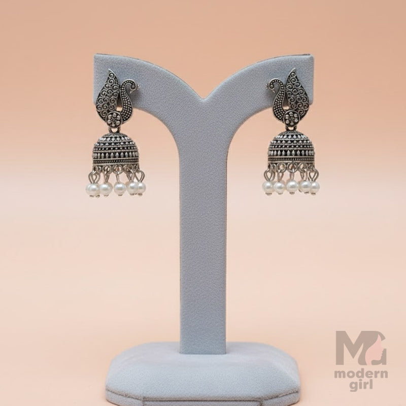 Royal Peacock Oxidised Jhumka with Pearl Drops