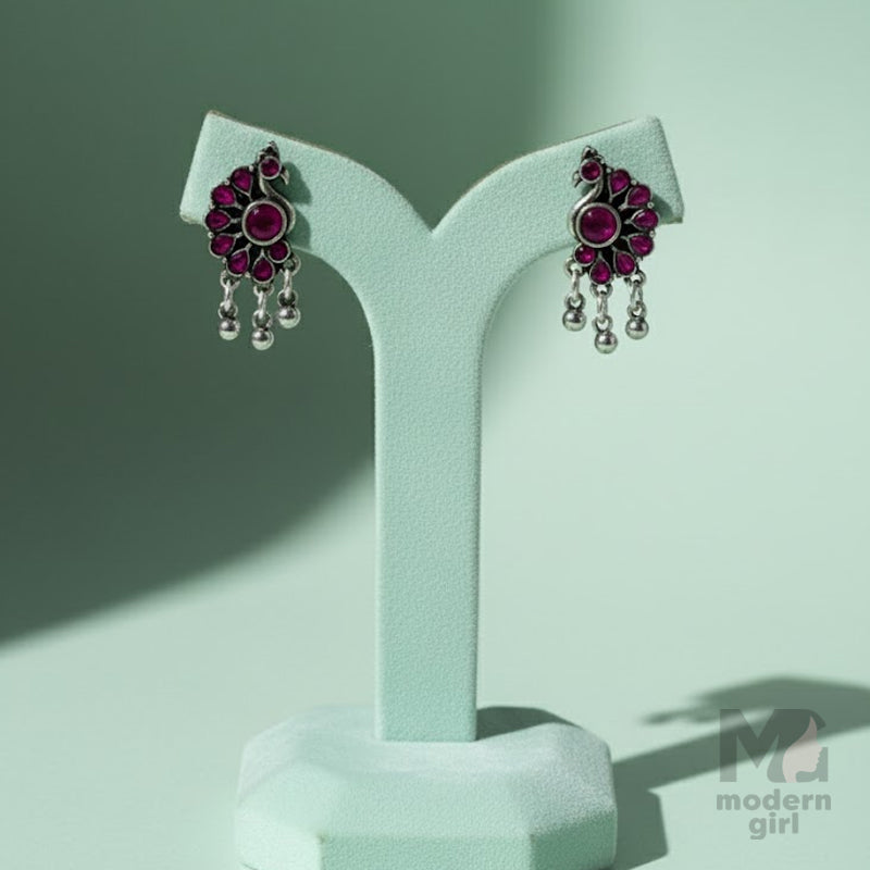 Peacock Stud Earrings with Silver Beads