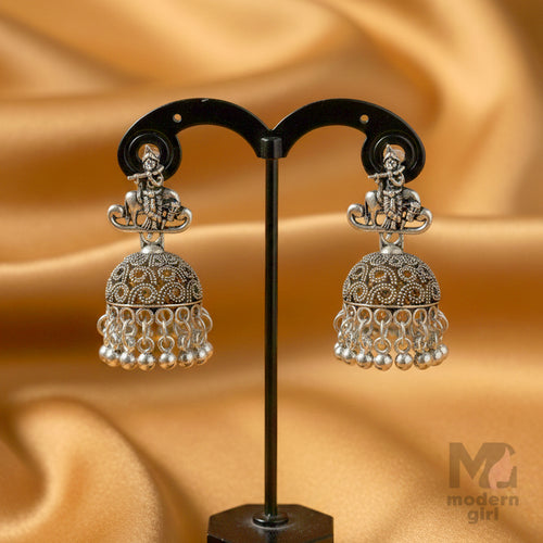 Oxidised Silver Krishna Temple Jhumka Earrings
