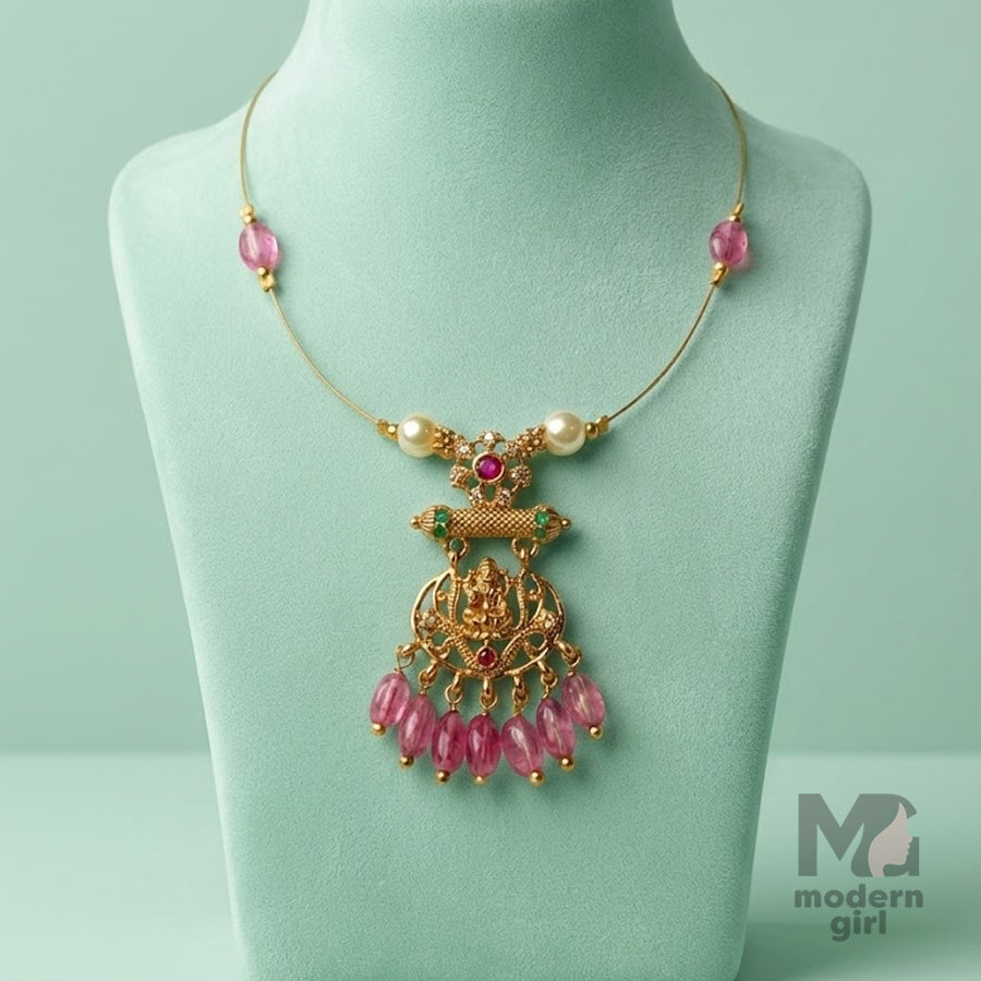 Invisible Chain Temple Necklace with Pearls & Maroon Beads