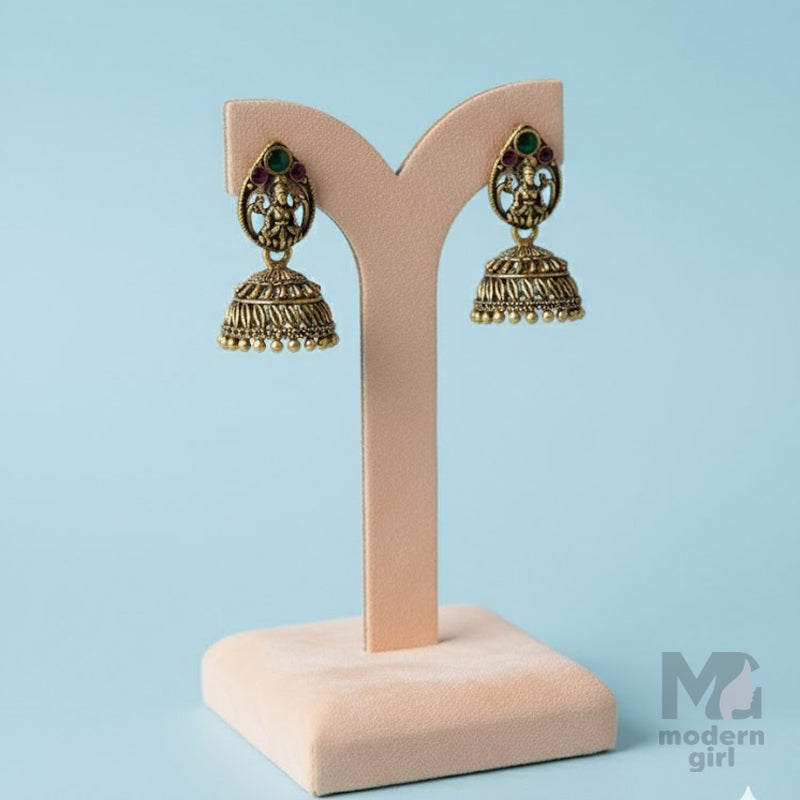 Antique Goddess Lakshmi Temple Jhumka with Kemp Stones