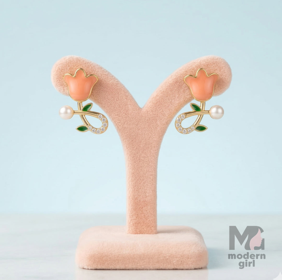 Tulip Flower Pearl Stud Earrings