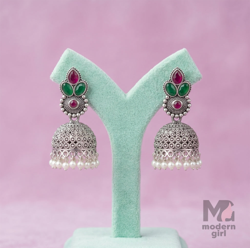 Emerald Ruby Pearl Jhumka Earrings – Antique Silver Ethnic Design