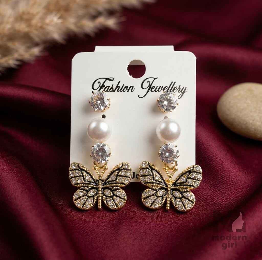 Luxury Gold & Silver Butterfly Pearl & Crystal Drop Earrings
