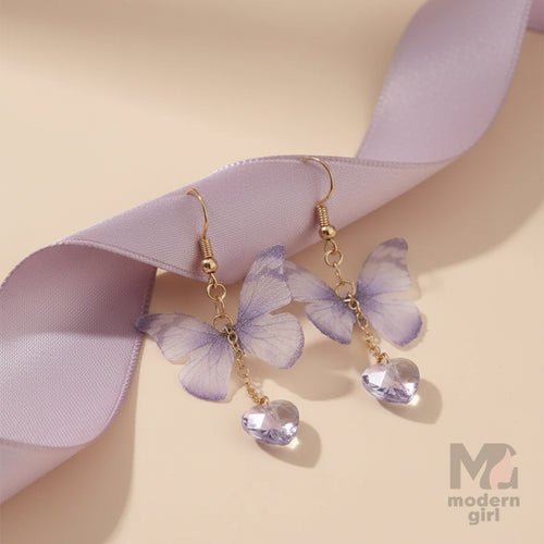 Butterfly Designed Heart Hanging Drop Dangle Earrings