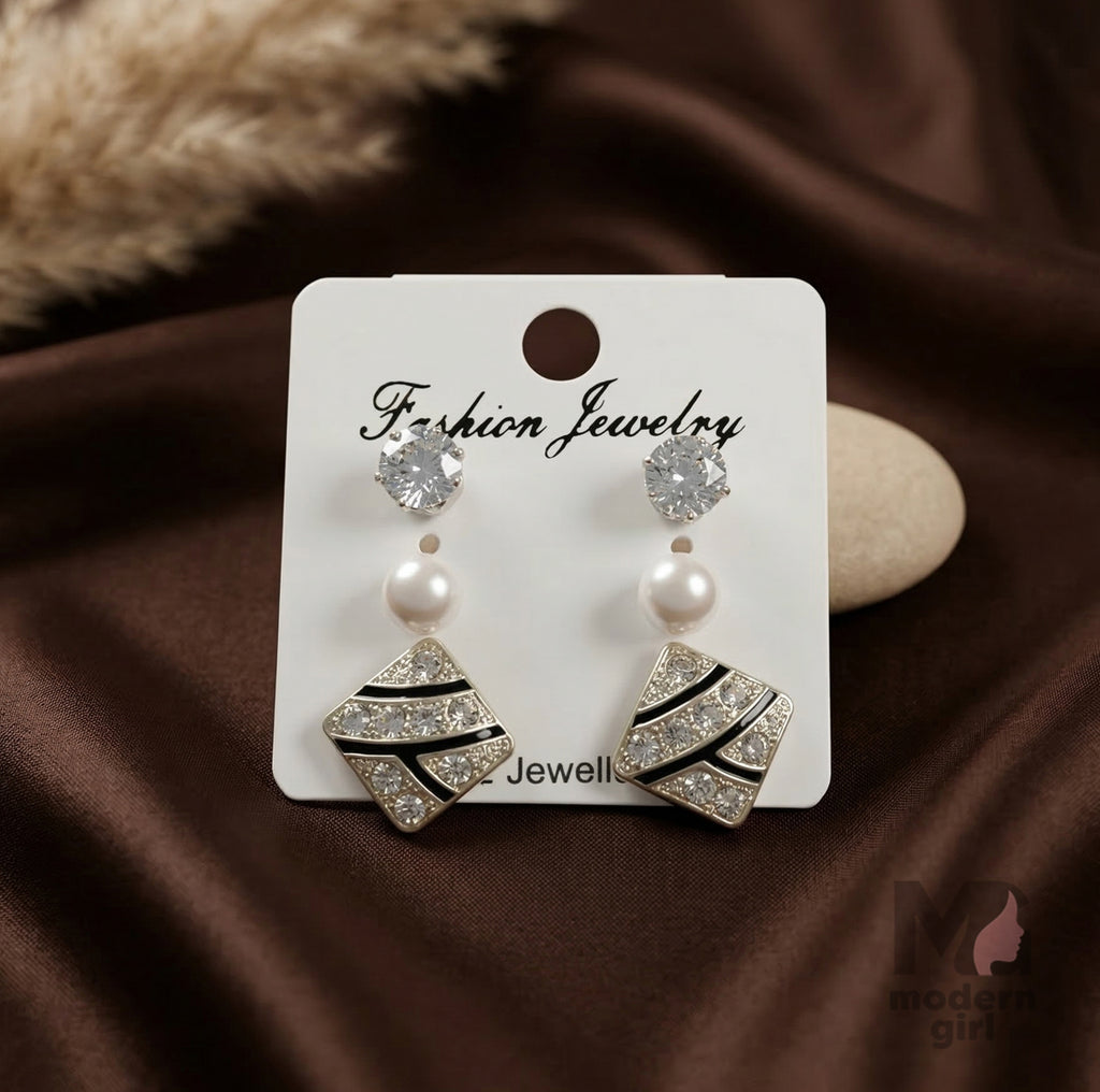 Luxury Geometric Pearl CZ Silver Earrings Combo