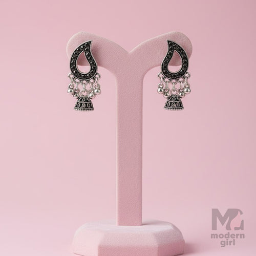 German Silver Paisley Drop Earrings with Mini Jhumka Design