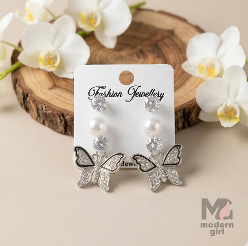 Elegant Silver Butterfly Pearl Crystal Drop Earrings