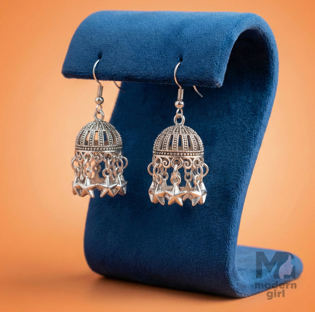 Oxidised Silver Star Jhumka Earrings