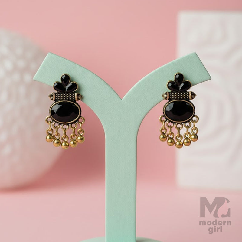 Black Stone Bead Dangler Antique Gold Earrings