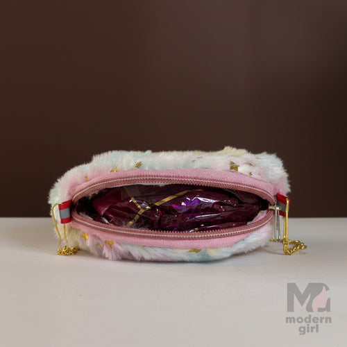 Round Pastel Fur Handbag with Butterfly Charm