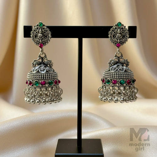 Oxidised Silver Temple Jhumka Earrings with Green & Pink Stones