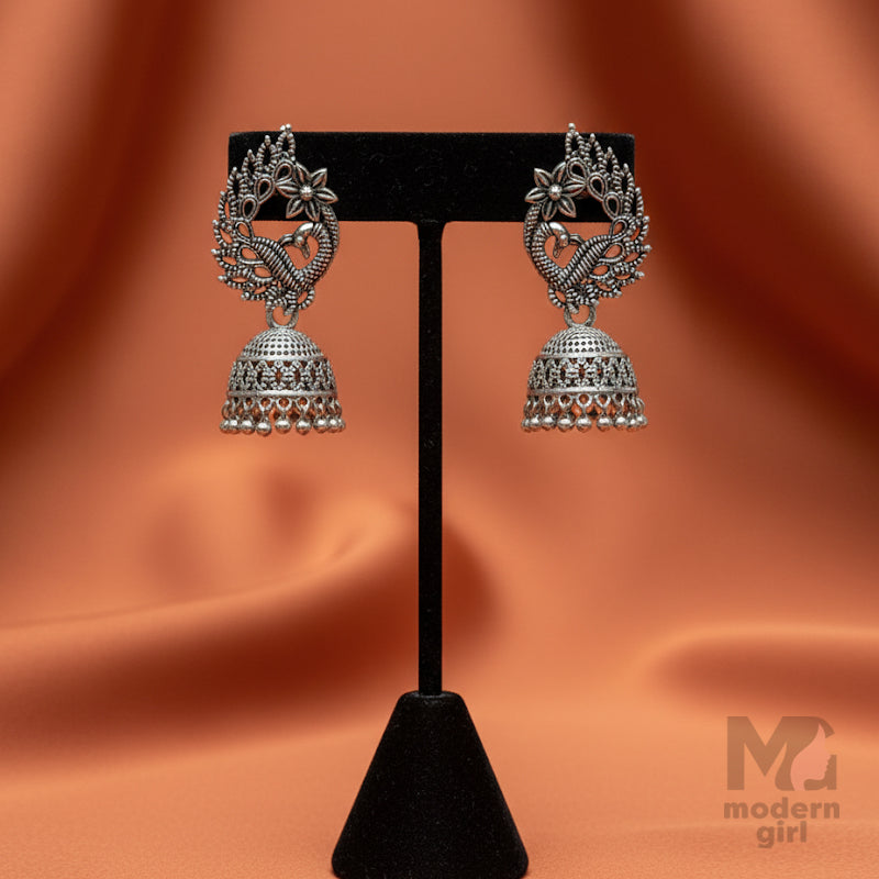 Peacock Oxidised Silver Jhumka